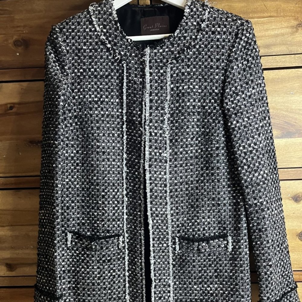 Great Plains London Binky Boucle Black Tweed Coat Duster Vintage Size Small